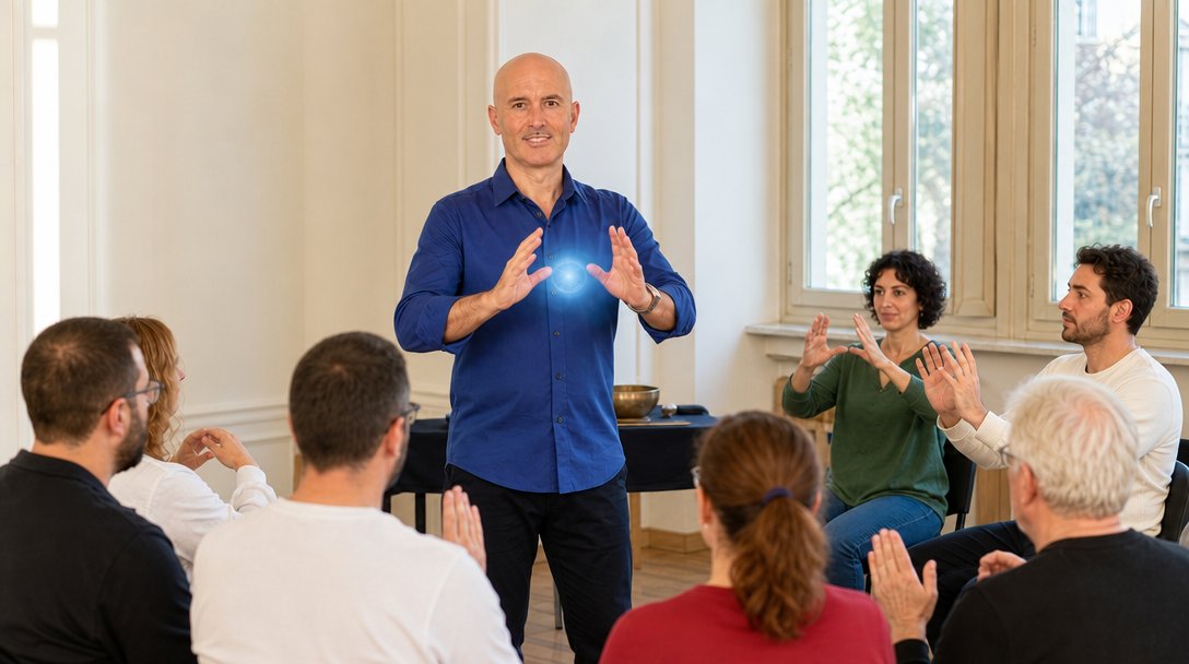 Emanuele Bonin mostra l'energia tra le mani agli allievi del Corso Base di Pranic Healing