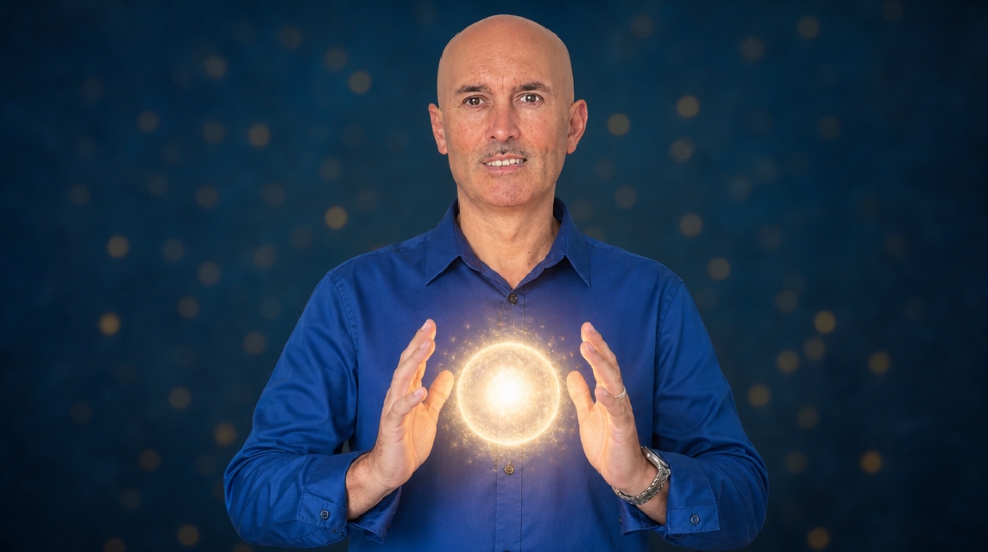 Emanuele Bonin con una sfera di energia luminosa tra le mani