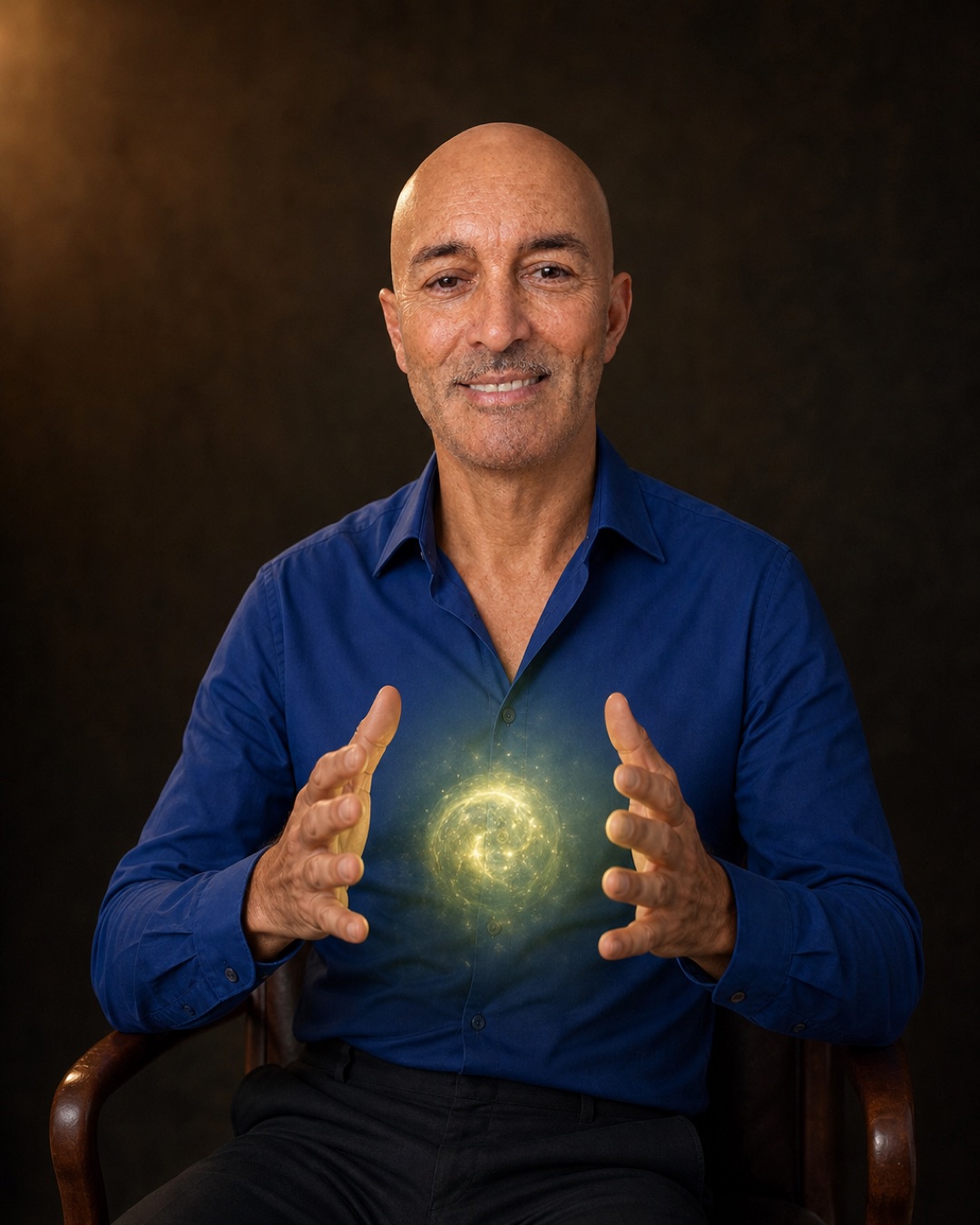 Emanuele Bonin, istruttore di Pranic Healing, con l'energia raccolta tra le mani
