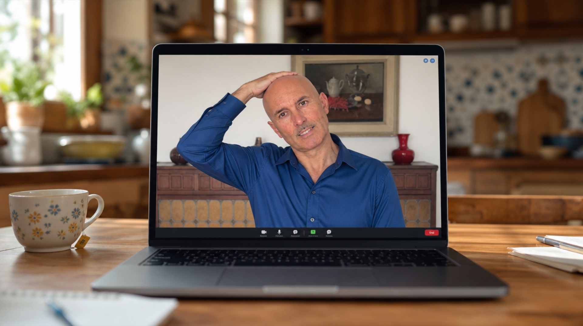 Emanuele Bonin in videocall sullo schermo di un portatile: una seduta di Pranic Healing a distanza, da casa